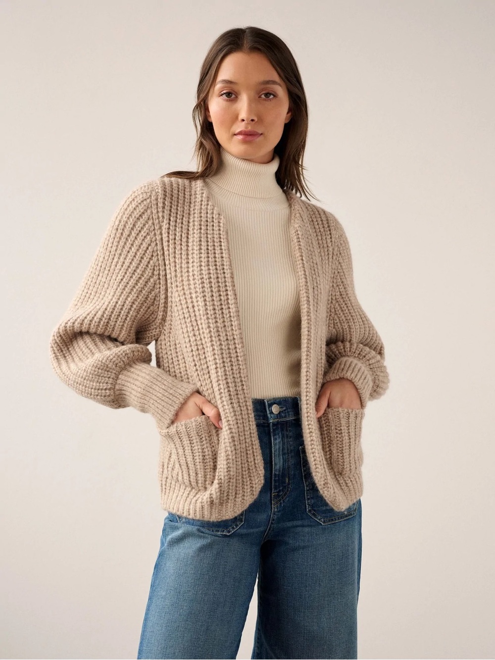 White + Warren Plush Baby Alpaca Open Front Cardigan Jacket Chunky Size Large